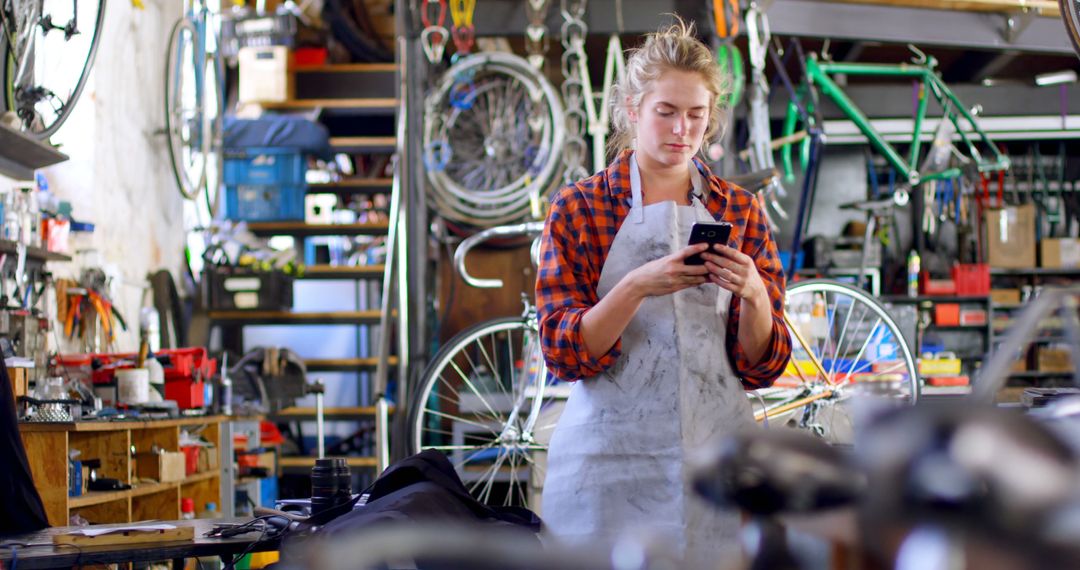 Female Mechanic in Workshop Using Smartphone, Surrounded by Bicycles and Tools - Free Images, Stock Photos and Pictures on Pikwizard.com