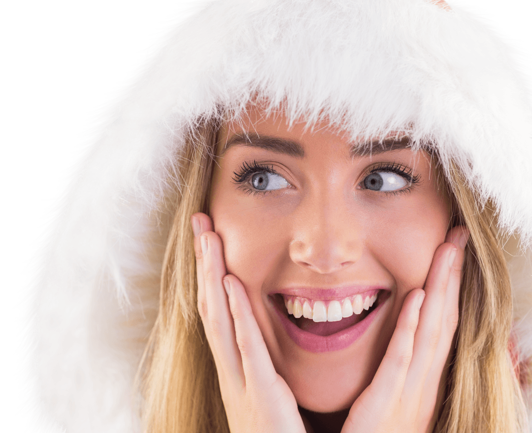 Excited Woman in Festive Santa Hood on Transparent Background