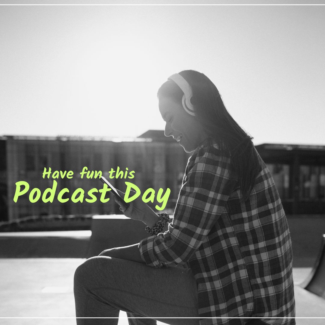 Young Woman Listening to Podcast on Mobile Device in Outdoor Setting