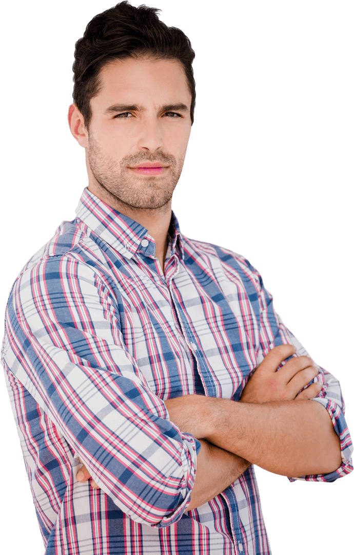 Confident Caucasian Man with Arms Crossed on Transparent Background