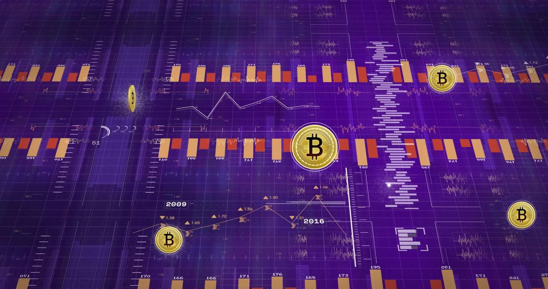 Bitcoin Cryptocurrency Chart on Purple Data Background