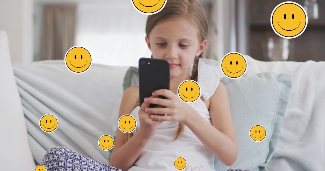 Happy Child Using Smartphone at Home with Smiley Faces
