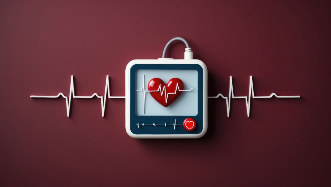 3d heart icon and ecg monitor on burgundy background, cardiovascular diseases focus