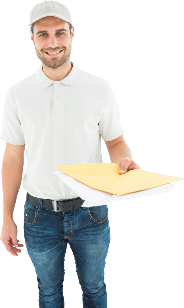 Transparent Delivery Man Smiling Holding Envelopes