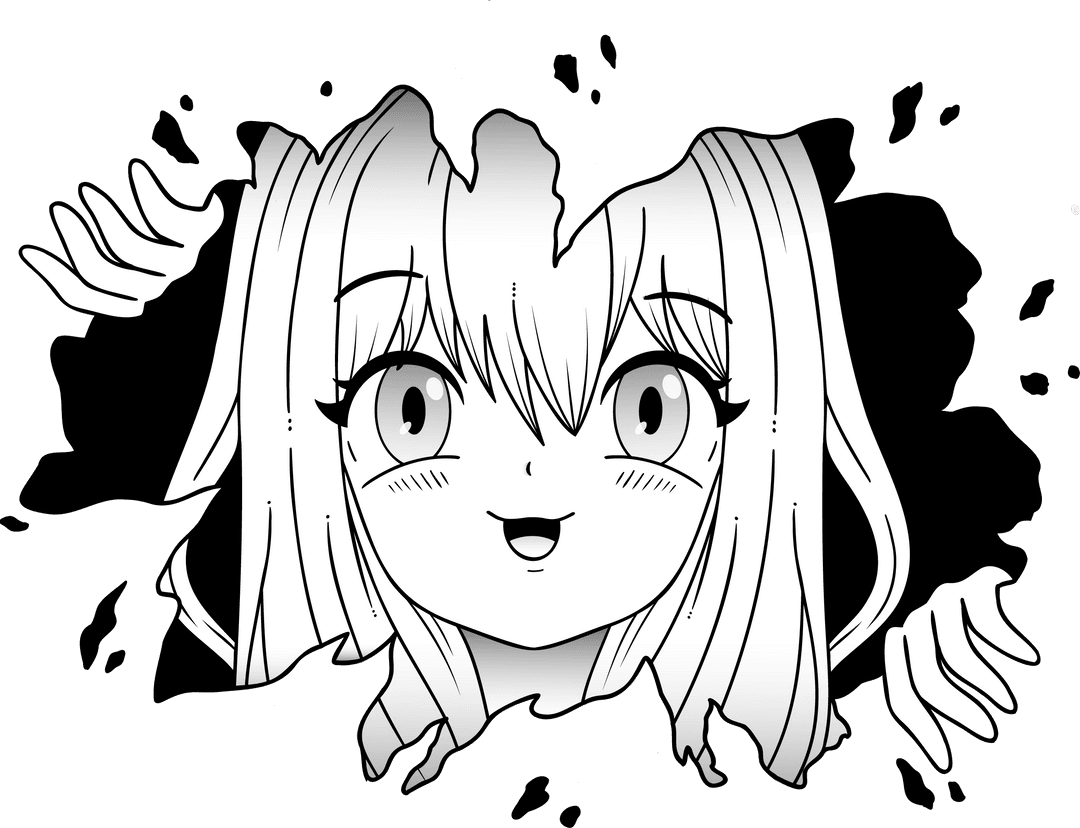 Cute Anime Character Emerging from Ink Splashes on Transparent Background