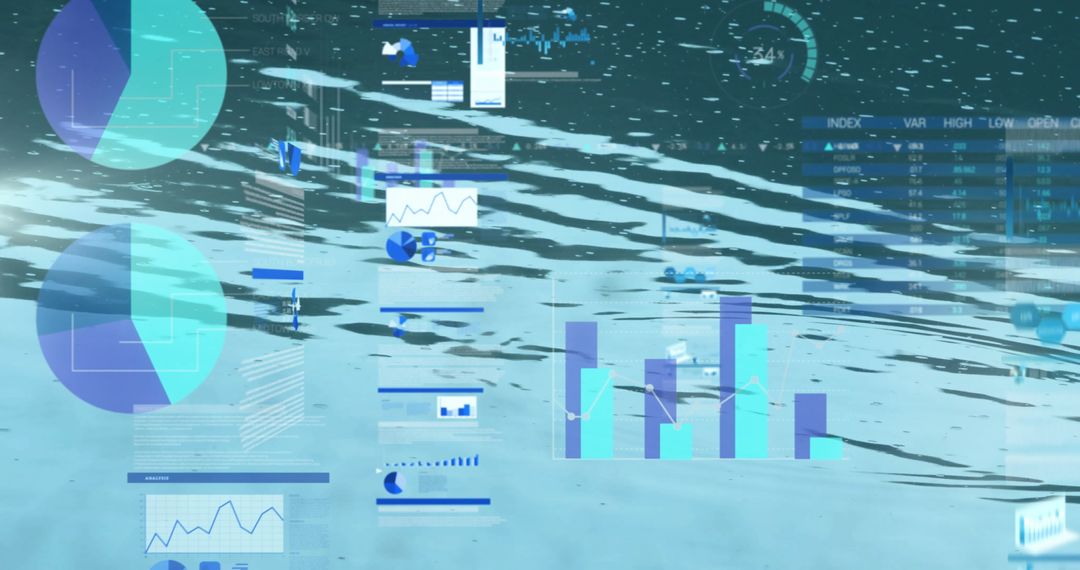 Digital Data Dashboard Floating Over Virtual Water Surface