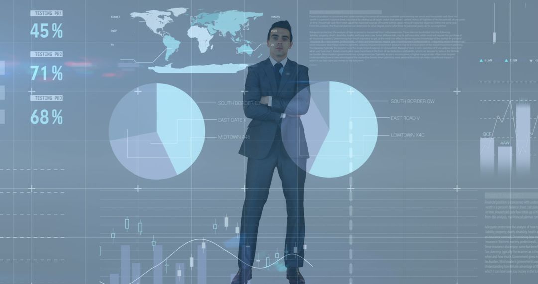 Businessman Analyzing Digital Financial Graphs in Futuristic Environment