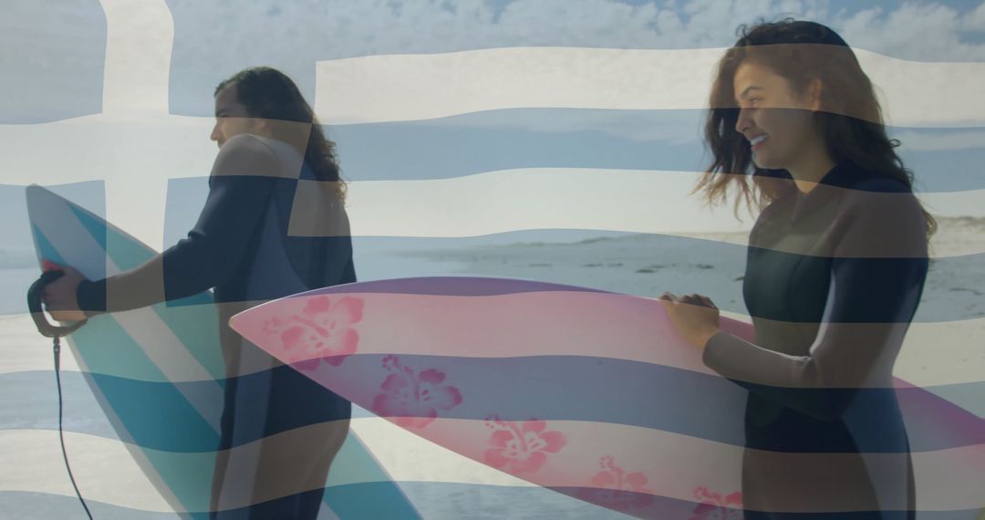 Smiling Surfers Enjoying Sunny Adventure at Beach