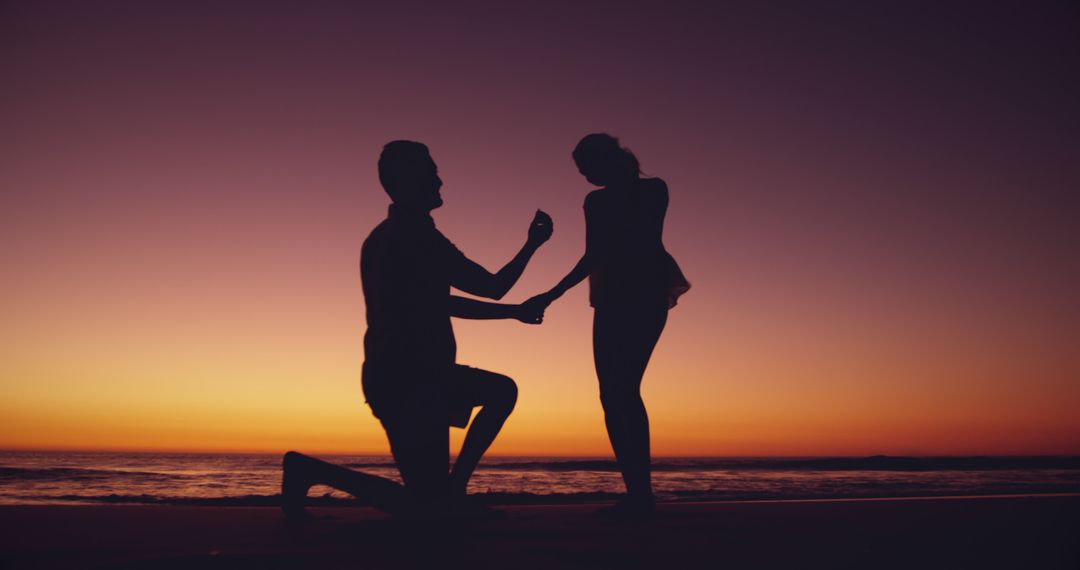 Silhouetted couple on the beach at sunset, with copy space - Free Images, Stock Photos and Pictures on Pikwizard.com