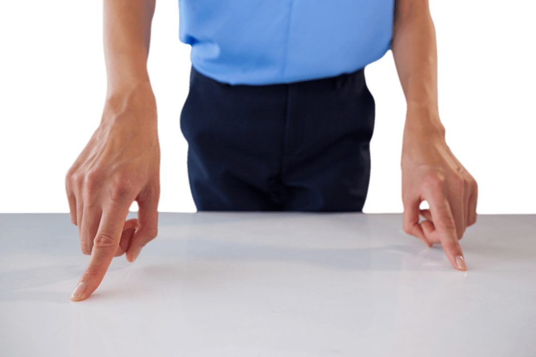 Transparent Woman's Hands Pointing Index Fingers at Table Surface