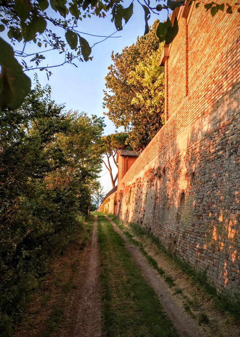 Rustic Dirt Path Along Historic Brick Wall in Afternoon Sun - Free Images, Stock Photos and Pictures on Pikwizard.com