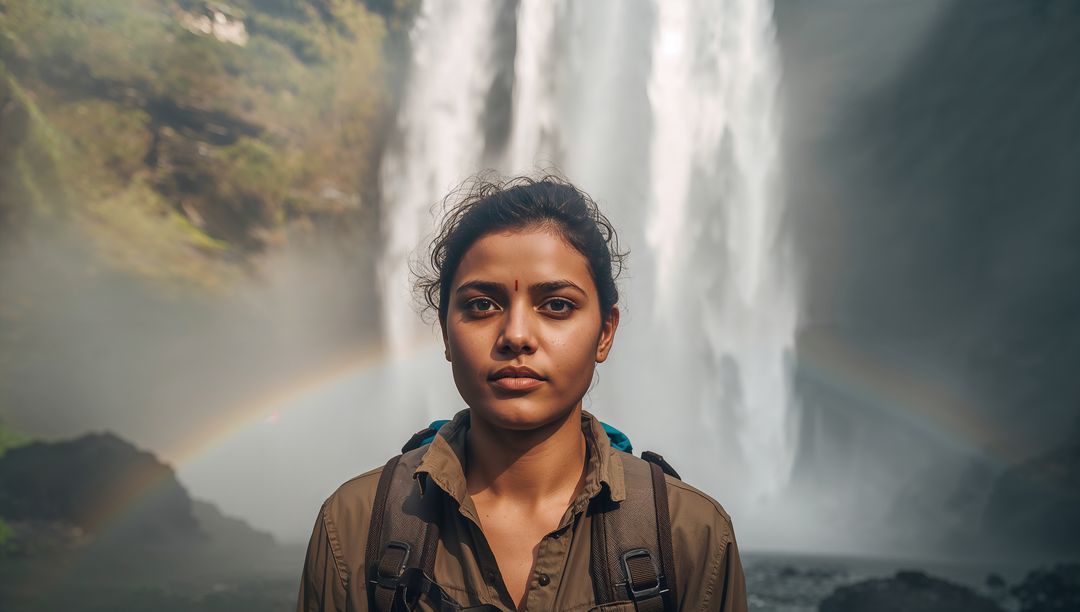 Indian Hiker Standing at Waterfall Base with Backpack and Rainbow, Red Bindi Portrait