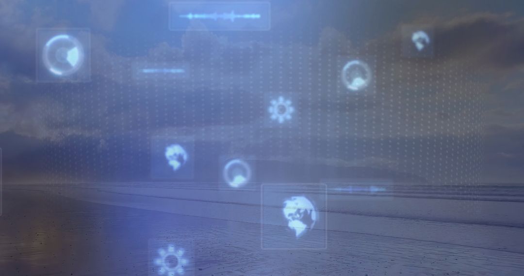 Futuristic Interface with Floating Digital Elements Against Seashore