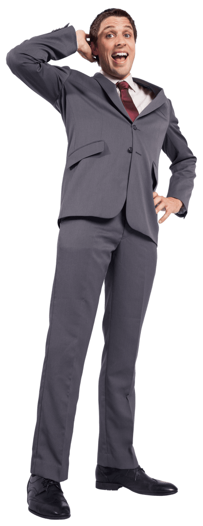 Smiling Businessman in Suit Hand Behind Head Transparent Background