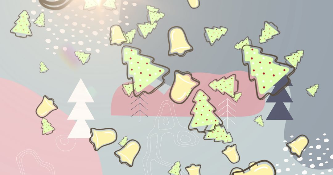 Christmas Trees and Bells Falling on Abstract Shapes