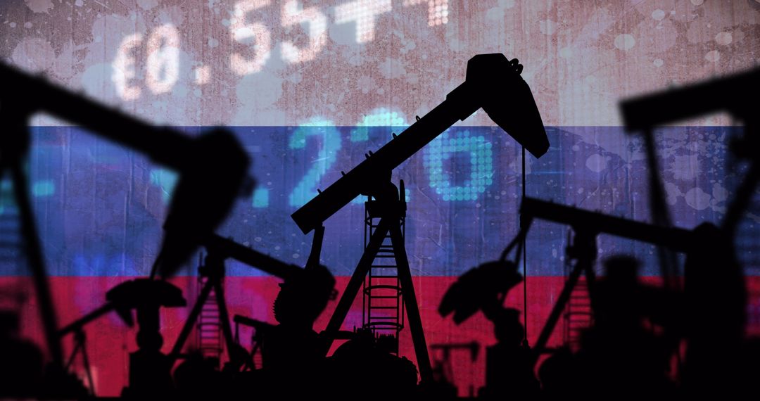 Silhouette of Oil Pump Jacks Over Russian Flag and Financial Data