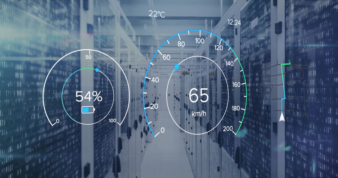 Futuristic Technology Interface in Data Center with Digital Gauges