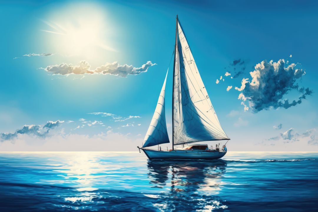 Image of sailing boat on sea over clouds and blue sky, created using generative ai technology - Free Images, Stock Photos and Pictures on Pikwizard.com