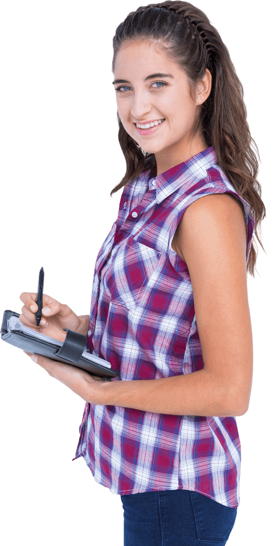 Smiling Woman Writing Notes Transparent Background