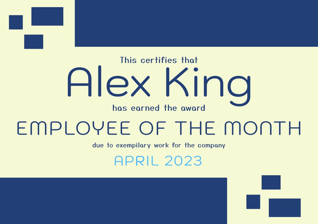 Employee of the Month Certificate Template with Name and Award Details in Blue - Download Free Stock Templates Pikwizard.com