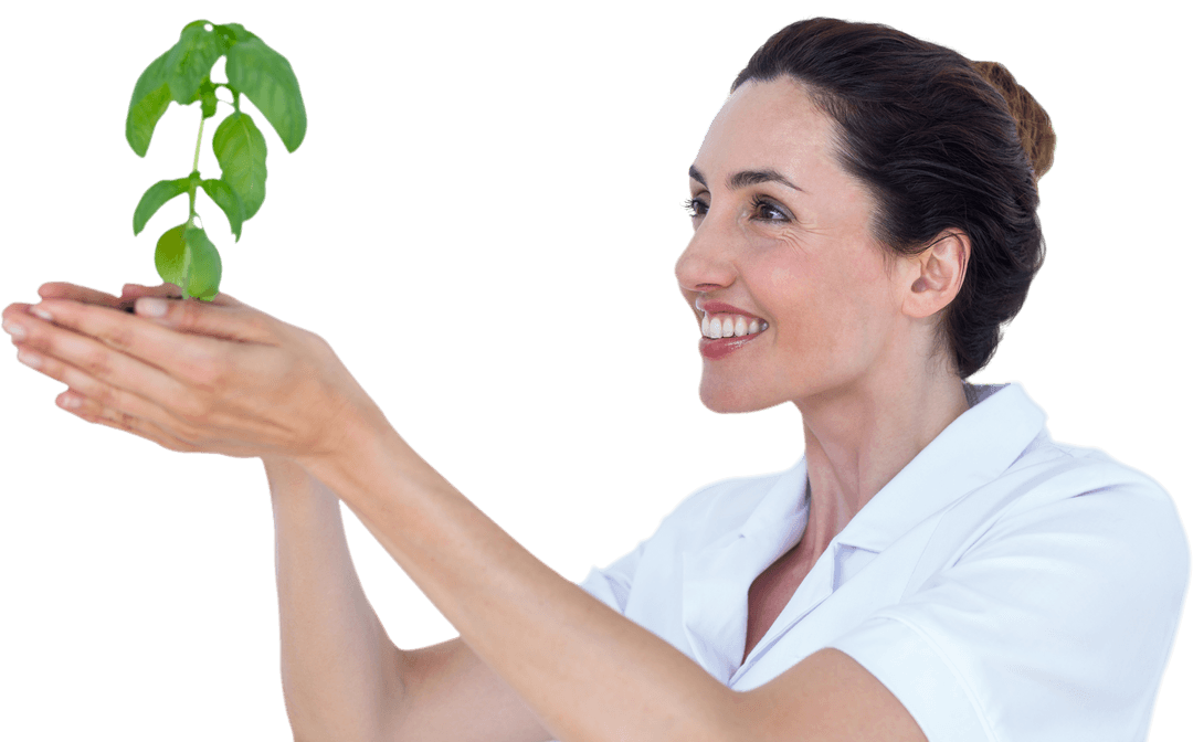 Scientist Smiling at Small Basil Plant Transparent Background