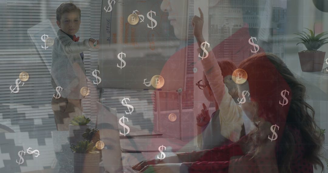 Children Playing School with Financial Icons Overlay