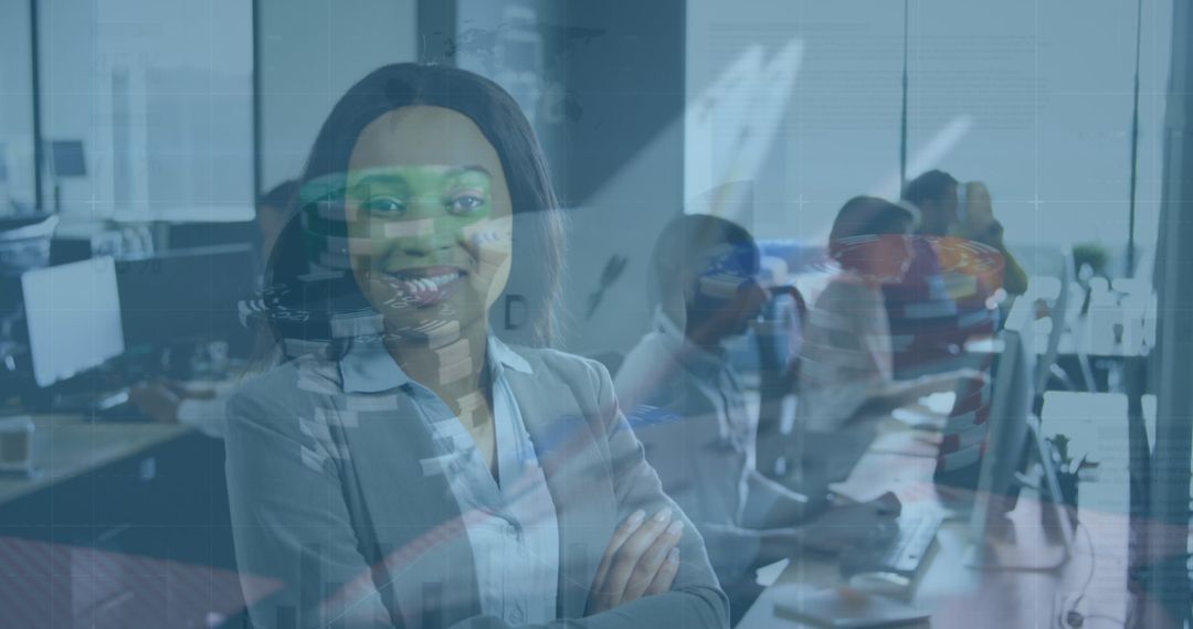 Digital Overlay on Diverse Business Team Working in Modern Office