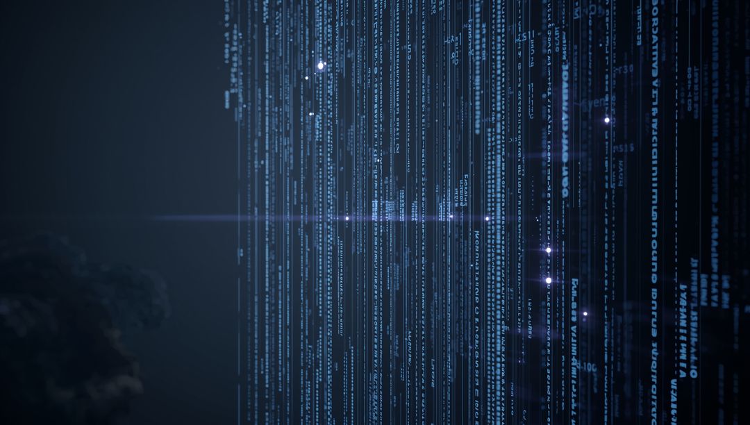 Futuristic Digital Code Streams with Lens Flares and Nodes