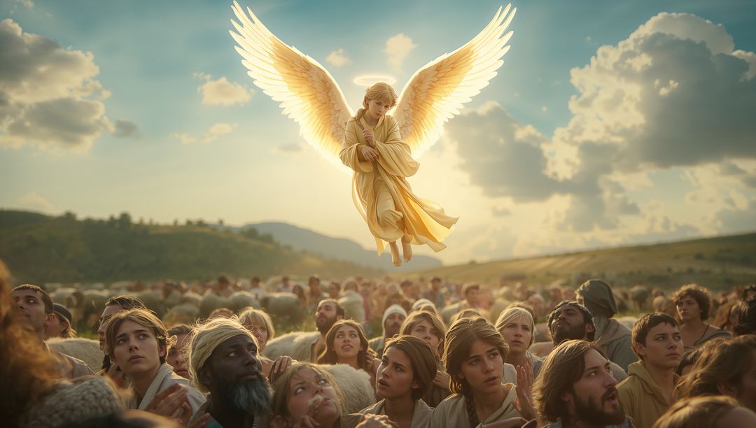 Ethereal Angel Hovering Above Crowd with Glowing Wings
