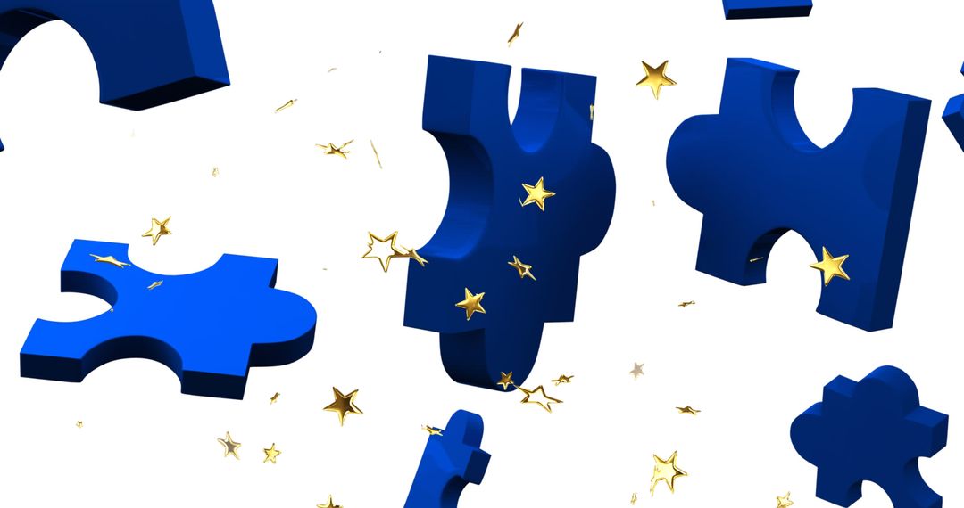 Floating Blue Puzzle Pieces with Stars on White Background
