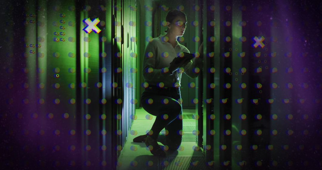 Engineer with Tablet in Futuristic Data Center Environment