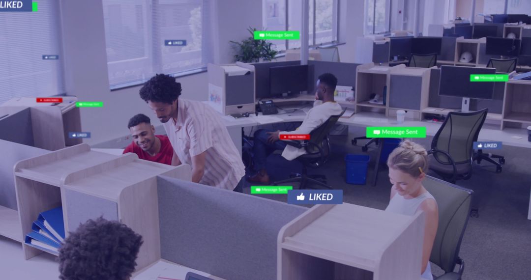 Diverse Colleagues Networking with Digital Social Icons in Modern Office