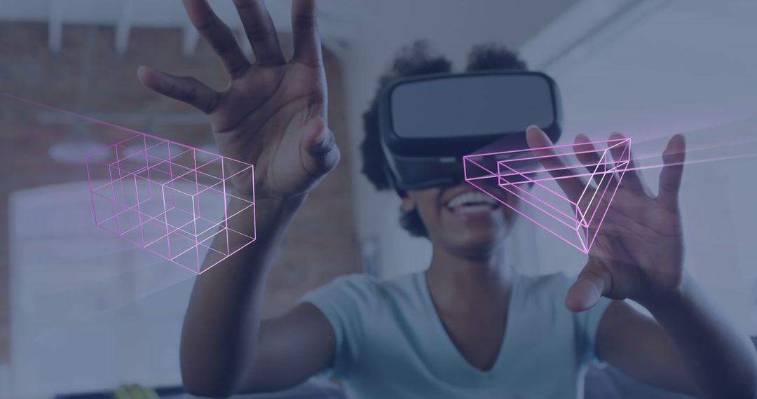 Image of glowing 3d shapes of data transfer over african american woman in vr headset - Free Images, Stock Photos and Pictures on Pikwizard.com