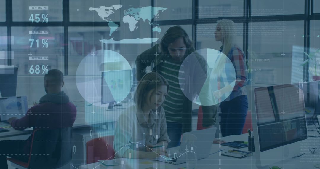 Diverse Team Analyzing Global Financial Data in Modern Office Environment