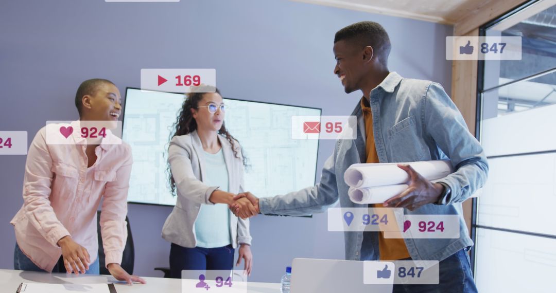 Diverse Team Collaborating in Modern Office with Social Media Concepts