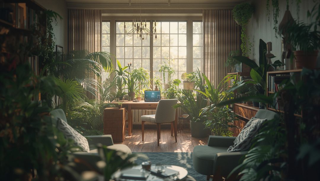 Serene Home Office with Wooden Desk and Lush Greenery