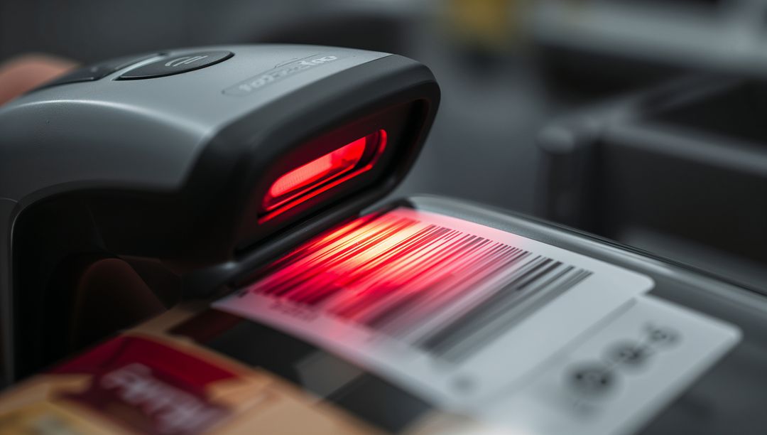 Handheld Barcode Scanner Reading Retail Package with Red Laser Beam