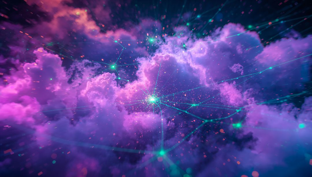 Futuristic Digital Network with Glowing Nodes Amongst Clouds