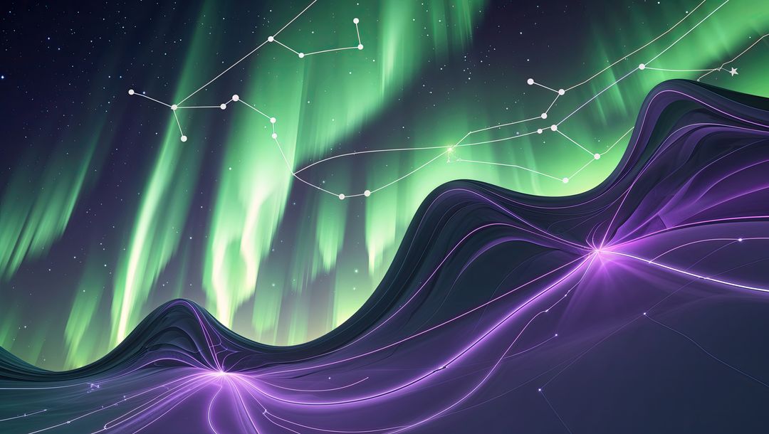 Futuristic Purple Waves with Nodes and Aurora Borealis