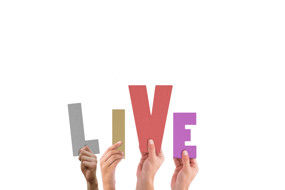 Transparent Hands Holding Colorful LIVE Letters in Air