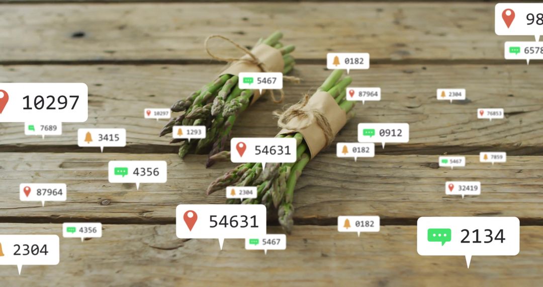 Asparagus Bundles with Digital Notification Icons on Rustic Table