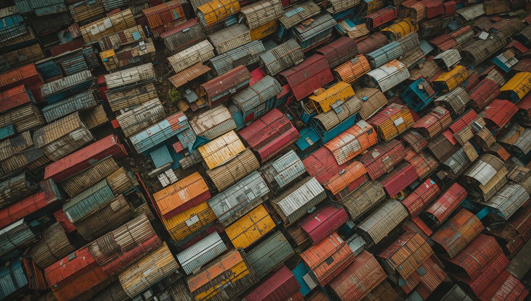 Aerial View of Rusty Metal Shipping Containers in Grid Pattern