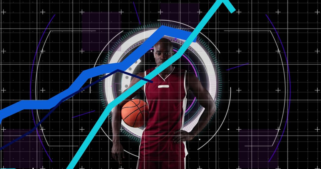 Basketball Player with Floating Graphs and Digital Elements