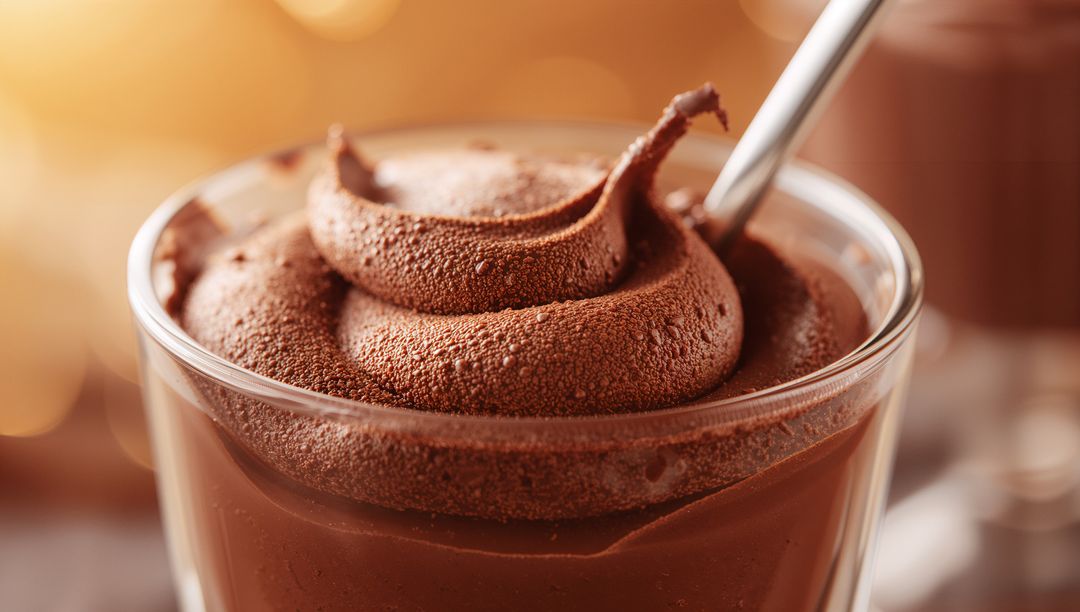 Rich Chocolate Mousse in Glass with Spoon on Cafe Counter