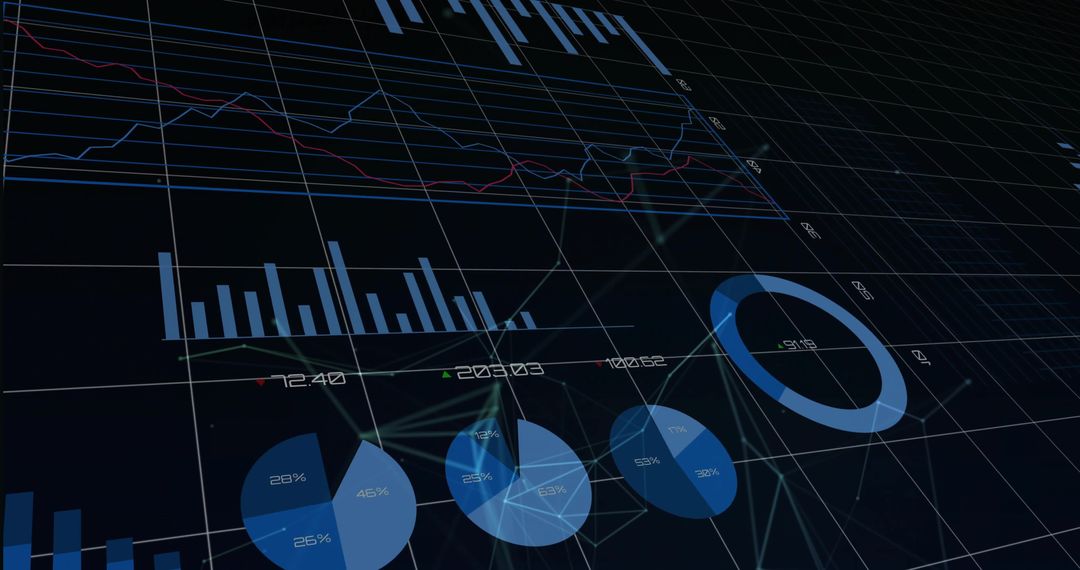 Presenting 3D Neon Data Dashboard Displaying Bar Line Pie Donut Charts on Dark Grid