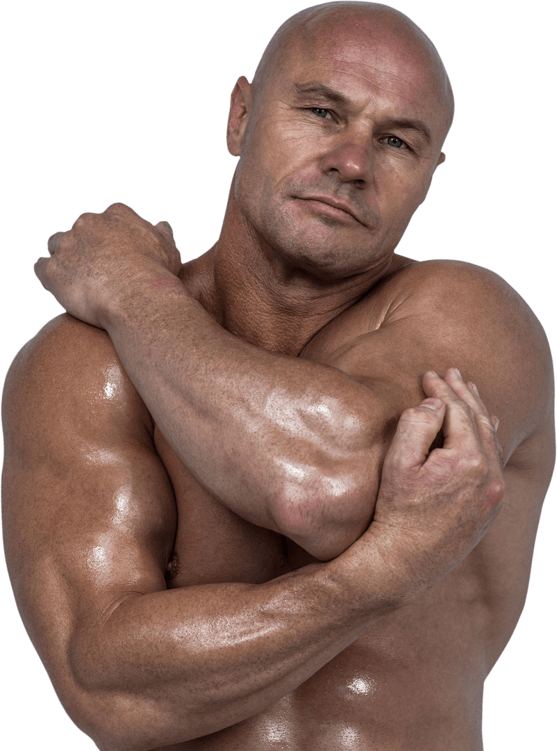 Muscular Bodybuilder Stretching Arms on Transparent Background