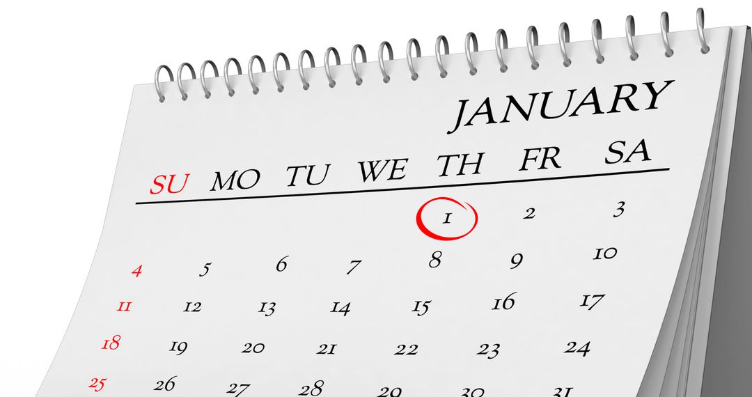 January Calendar with Red Ring Highlighting New Year's Day - Free Images, Stock Photos and Pictures on Pikwizard.com