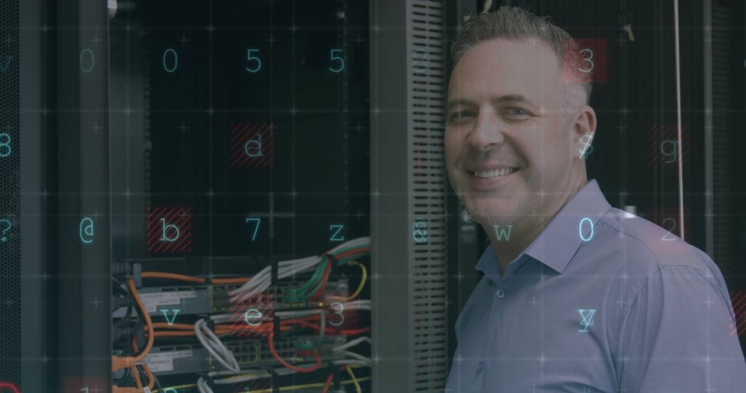 IT Professional Managing Server Room Amid Digital Interface Display