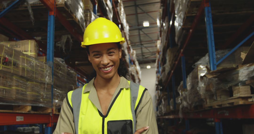 Smiling female worker in warehouse with safety gear - Free Images, Stock Photos and Pictures on Pikwizard.com