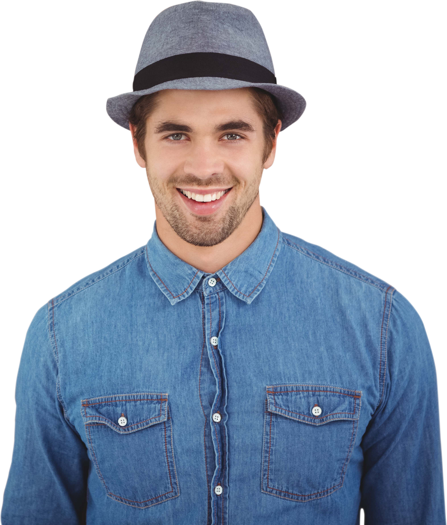 Cheerful Young Man in Denim Shirt and Hat on Transparent Background - Download Free Stock Images Pikwizard.com